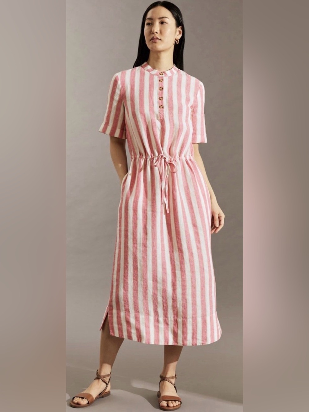Jaeger Shop Pure Linen Striped Midi Waisted Dress Pink white 18/Large - Picture 14 of 14
